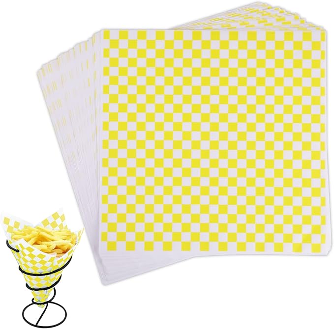GeeRic Waxed Deli Paper Sheets 12 * 12 Inch, 100 Pcs Food Basket Liners for Sandwiches, Burgers, Checkered Deli Wrap Wax Paper Sheets Yellow