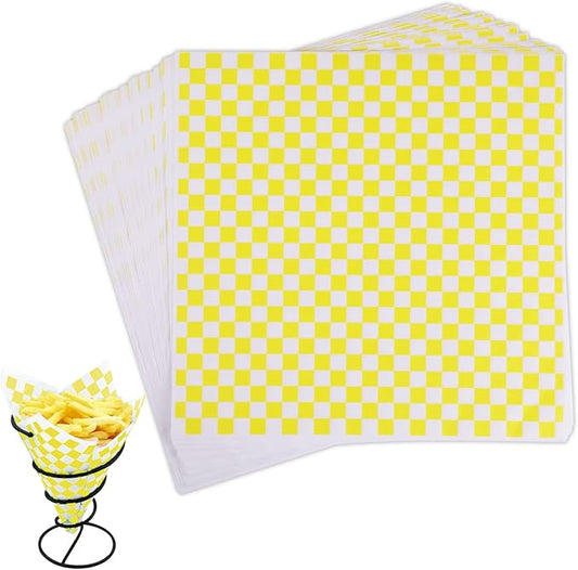 GeeRic Waxed Deli Paper Sheets 12 * 12 Inch, 100 Pcs Food Basket Liners for Sandwiches, Burgers, Checkered Deli Wrap Wax Paper Sheets Yellow
