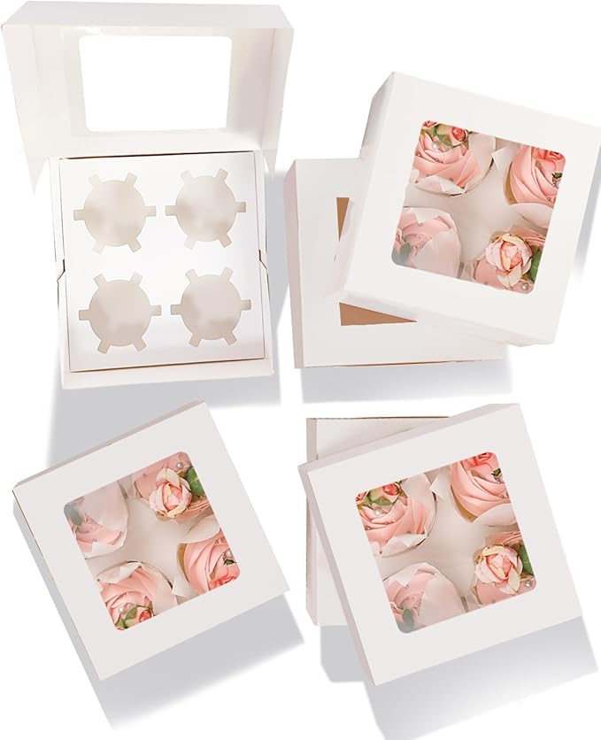 qiqee Auto-pop Up 4 Cupcake Boxes with Window White 30 Packs Cupcake Box 6.3"x6.3"x3" Bakery Boxes For Cupcakes Carrier, Cupcake Containers