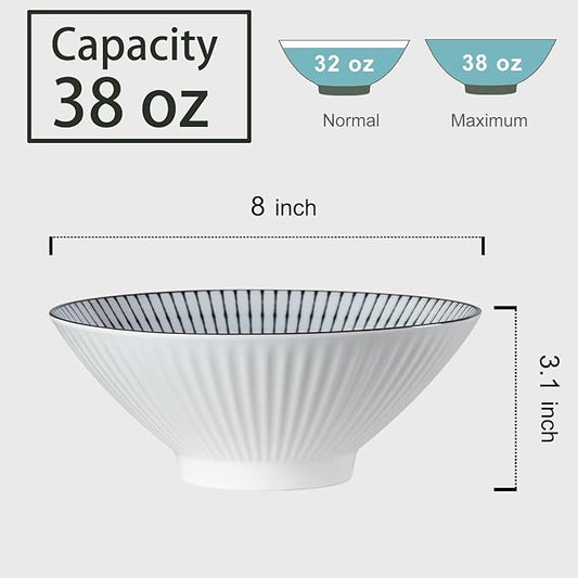 38 oz Japanese Ramen Bowl Set of 4 - Large 8 Inch Ceramic Soup Bowls, Blue and White Japanese Noodle Bowls for Pho, Ramen, and Cereal - Striped Patterns