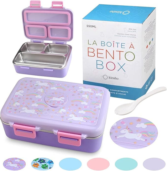 Stainless Steel Lunch Box for Baby Toddlers Girls, Mini Bento, 3 Eco Metal Portion Sections Leakproof Lid, Pre-School Daycare Lunches, Kids Spill-Proof Snack Container, 18 oz/550 mL Purple Unicorn