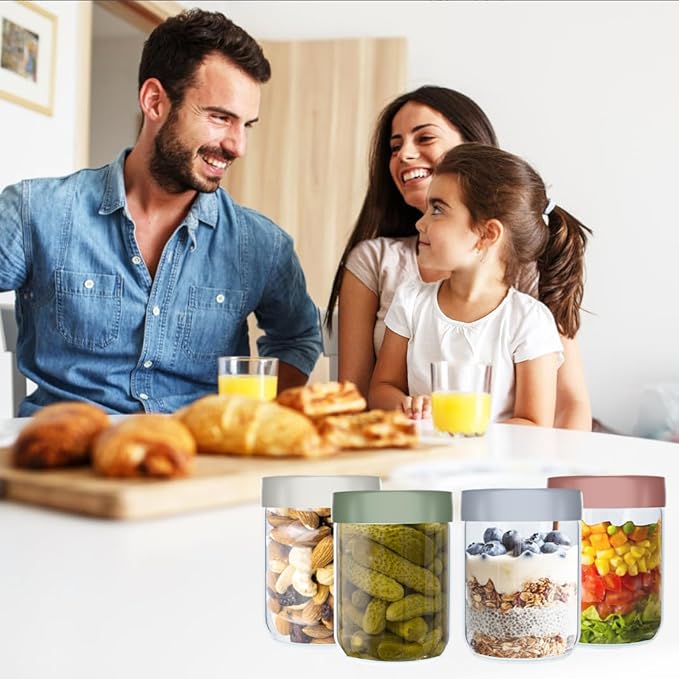 4 Pack 16Oz Glass Jars with Lids, Overnight Oats Containers with Lids, Wide Mouth Mason Jar Airtight Glass Food Storage Containers for Snacks Salad Fruit Yogurt Cereal Meal Prep Leak-Proof