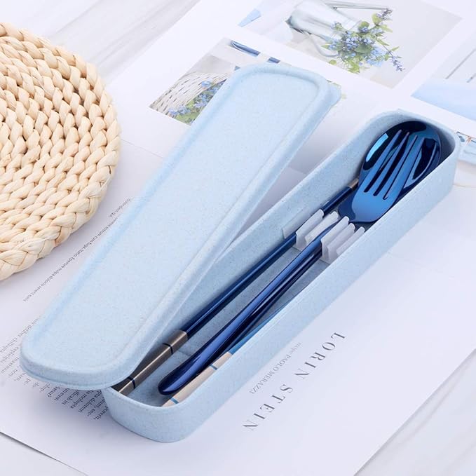 3 PCS Stainless Steel Travel Camping Flatware Set Fork Spoon Chopsticks with Portable Case, Blue