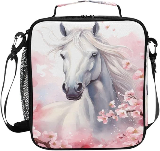 White Horse Lunch Box for Kids Boys Girls, Cherry Floral Cooler Insulated Lunch Tote Bag with Adjustable Strap for School Daycare