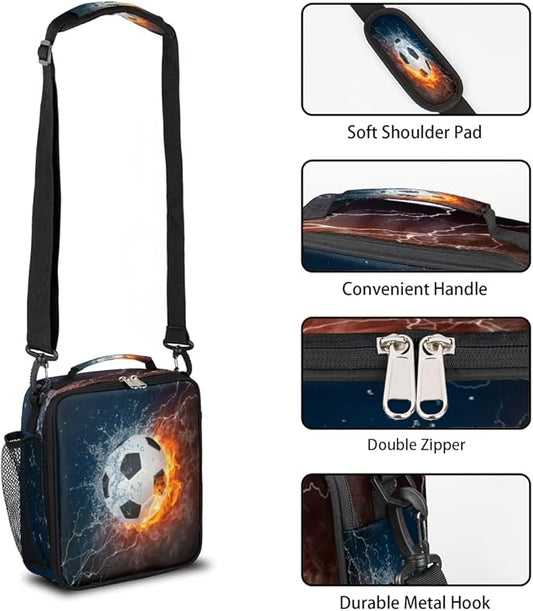 Kids Lunch Box for Boys Girls Lunch Bag Fire Water Soccer Football Kids Lunch Bags Insulated Meal Tote with Adjustable Shoulder Strap for School Picnic