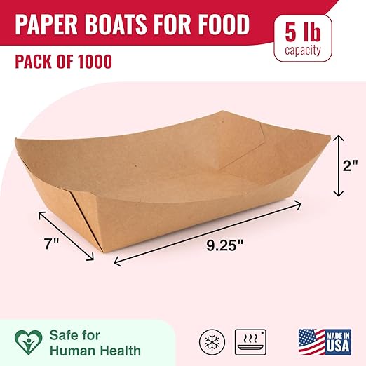 IDL Packaging 5 lb Kraft Paper Food Trays (Pack of 1000) - Food-Safe Poly Coated for Extra Moisture Resistance - Proudly Made in USA - Serving Tray for Fries, Burgers