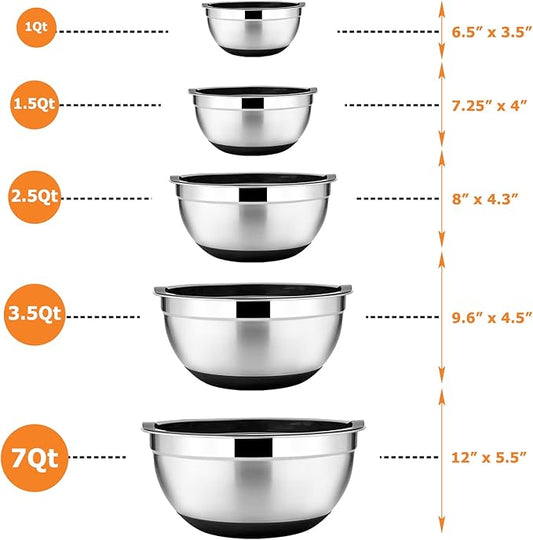 E-far 22-Piece Mixing Bowls with Black Lids & Accessories Set, Stainless Steel Nesting Bowls with Covers & Non-Slip Bottoms, Metal Bowls for Cooking/Baking/Serving/Storage - Size 7/3.5/2.5/1.5/1 QT