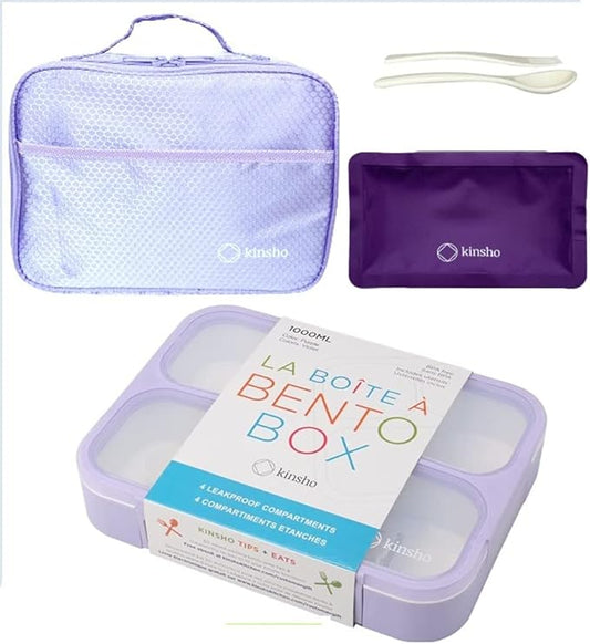 kinsho Bento-Box with Lunch Bag and Ice Pack Set. Containers for Kids Girls Adults Snacks and Lunches. 4 Compartments, Leakproof Portion Container Boxes Insulated Bags for School, Purple