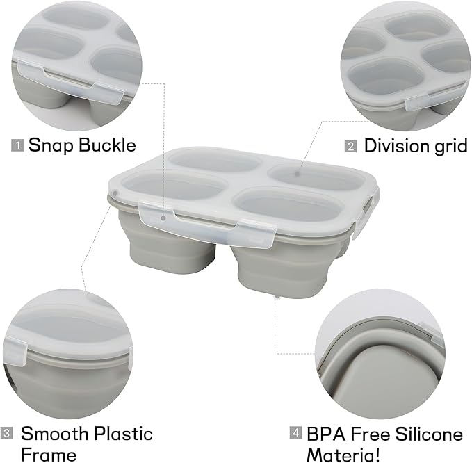 Collapsible Silicone Food Storage Container, 2PCS 4-Compartment Snack Containers Portion Control with Clip-on Lid, Stackable, Space Saving, Microwave/Fridge/Freezer/Dishwasher Safe (2)