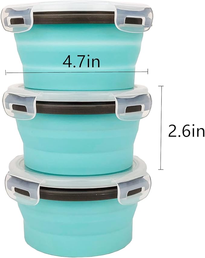 CCyanzi 3piece Round Collapsible Bowl with Lids, Silicone Food Storage Containers, Microwave & Freezer Safe, Space Saving for Kitchen Cabinet and Camping Backpack,(Blue Gray)