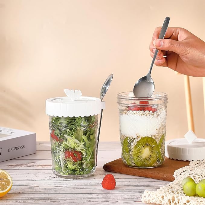 4 Pack Glass Yogurt Parfait Jars with Lids and Spoons, 100% Leak Proof Mason Jars, 20 oz Meal Prep Containers Reusable, Glass Jars for Overnight OatsYogurtSoupSnackParfait - White