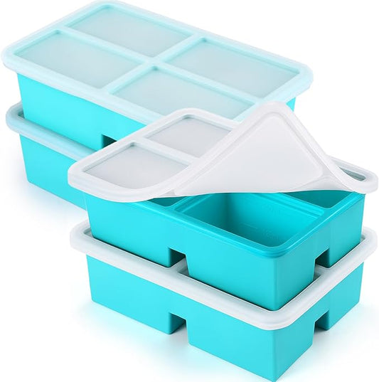 4 Pack Silicone Freezer Trays With Lid - 1 Cup Molds for Soup, Broth, Leftovers - Microwave-Safe Container - Aqua