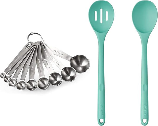 18/8 Stainless Steel Measuring Spoons Set for Dry and Liquid Ingredients (Set of 9), and 600ºF Heat Resistant Silicone Spoons, 13.3in Solid & Slotted Kitchen Mixing Tool (Aqua Sky)