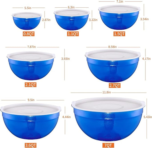 Blue Mixing Bowls With Airtight Lids,Stainless Steel Bowl,Salad Bowls 7 Piece Colorful Nesting Bowl Rainbow Kitchen Accessories,Size 7,3.6,2.7,2.1,1.5,1.1,0.8QT Stackable Design