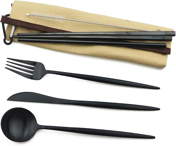 Reusable Travel Utensils, 7 Piece Portable 304 Stainless Steel including Knife Fork Spoon Chopsticks Cleaning Brush Straws Portable Pouch, Eco-friendly Camping Silverware Set, Dishwasher Safe