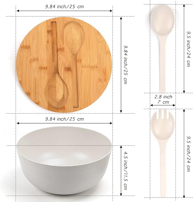ShineMe Large Salad Bowl with Lid, Bamboo Fiber Salad Serving Bowl Set with Utensils, 9.8inches Mixing Bowl with Servers, Solid Bamboo Wooden Bowl for Salad, Fruits, Vegetables and Pasta(White)