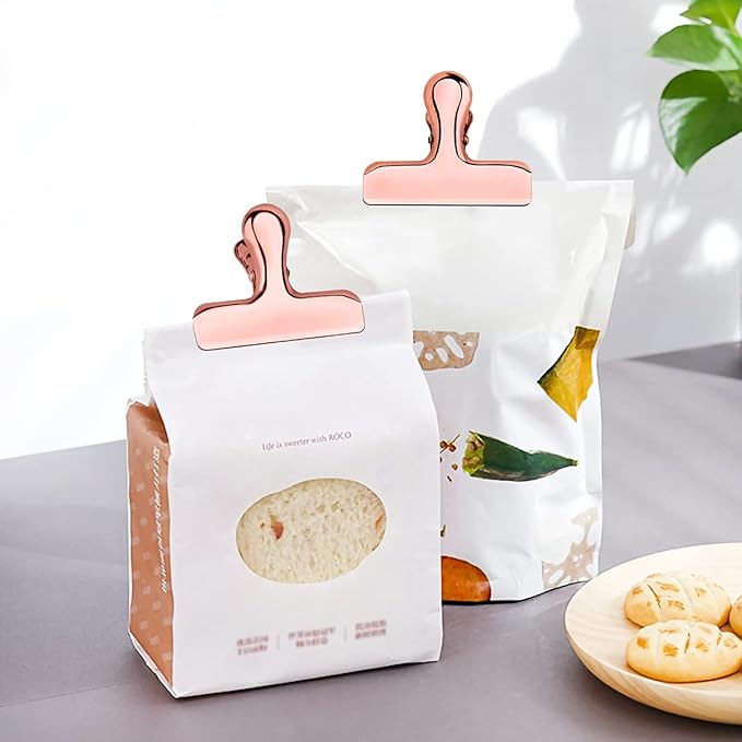 Pack of 8 Bag Clips, Stainless Steel and Heavy Duty Metal Bag Clip,Tightly Seals Chip, Coffee, Bread or Cereal Bags to Keep Food Fresh, for Home, Kitchen, Office, Pantry, Camping (Rose Gold)