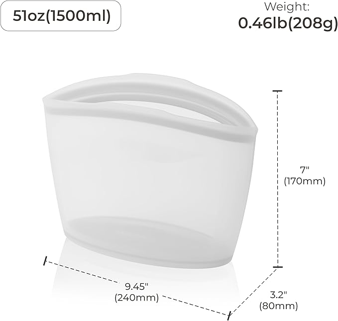 Platinum Silicone Food Grade Reusable Storage Bag, 6.3Cup Leak-Proof Airtight Seal, BPA-Free, Microwave, Freezer & Dishwasher Safe, Heat Resistant Sous Vide,Silicone Snack Bags, White