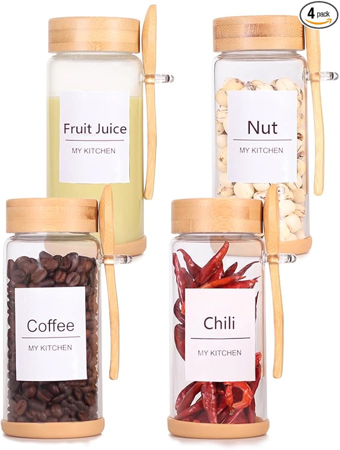 SAIOOL 4 Pack Glass Storage Containers with Bamboo Lids and Spoon,Overnight Oats Containers with Lids,with Anti Slip Silicone Base,Seasoning Organizer,Spice Jars (Bamboo 11.8OZ*4)