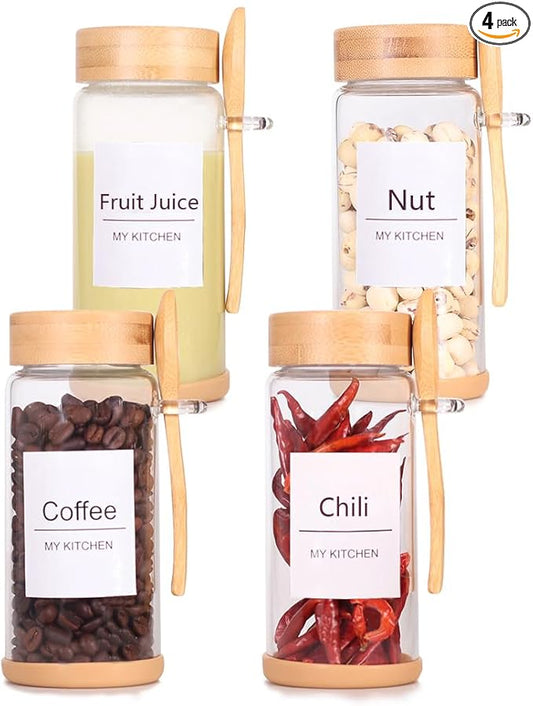 SAIOOL 4 Pack Glass Storage Containers with Bamboo Lids and Spoon,Overnight Oats Containers with Lids,with Anti Slip Silicone Base,Seasoning Organizer,Spice Jars (Bamboo 11.8OZ*4)
