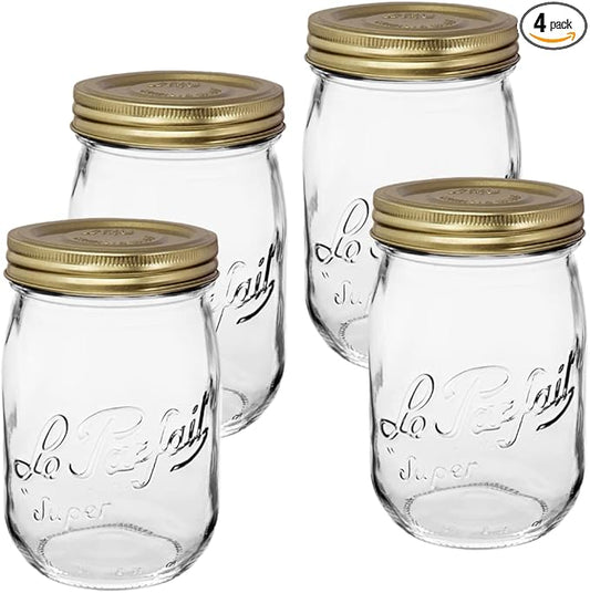 Le Parfait Screw Top Jars - Wide Mouth French Glass Preserving Jars - Zero Waste Packaging (4, 1000ml - 32oz - 1L Gold Lid)