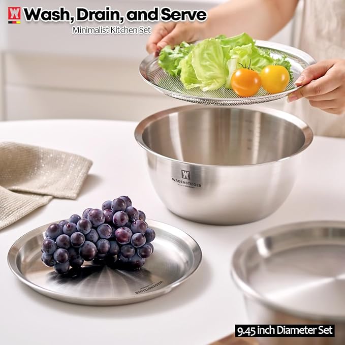 Stainless Steel Mixing Bowl Set (3-Piece) – Multifunctional Food Prep & Baking Tools with Strainer and Serving Tray, Oil Drain Tray, Nesting Storage, Easy Measurement Marks (9.45 Inch)