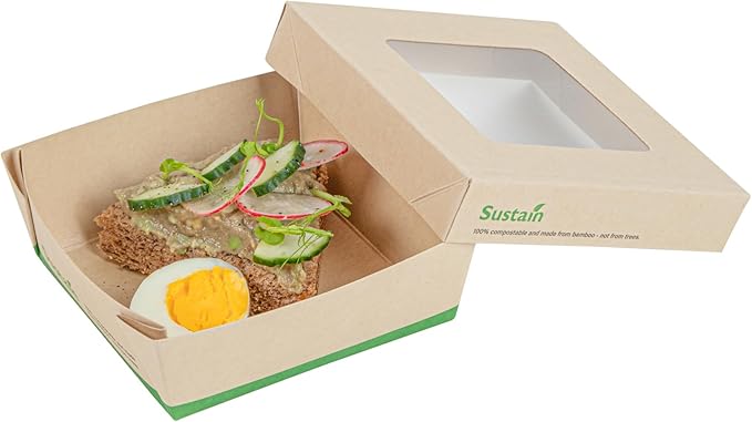 Restaurantware-13 Ounce Sturdy Paper Take Out Boxes, 200 Disposable Take Out Food Containers - With PLA lining, Paper Lid With Clear PLA Window, Bamboo Paper Containers, Compostable, Greaseproof