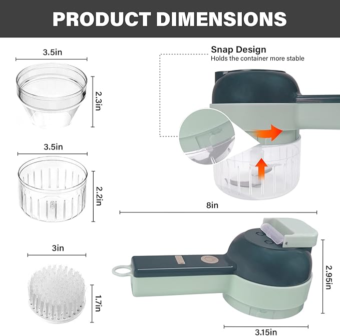Arigold 1 Speed - 4 in 1 Vegetable Chopper: Cordless Mini Chopper, Food Dicer, garlic mincer - home essentials, kitchen essentials, blenders, kitchen gadgets, Appliances(Grey)