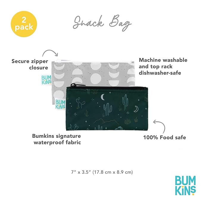 Bumkins Reusable Snack Bags, for Kids School Lunch and for Adults Portion, Washable Fabric, Waterproof Cloth Zip Bag, Supplies Travel Pouch, Food-Safe Storage, 2-pk Desert Night Dk. Green and Gray