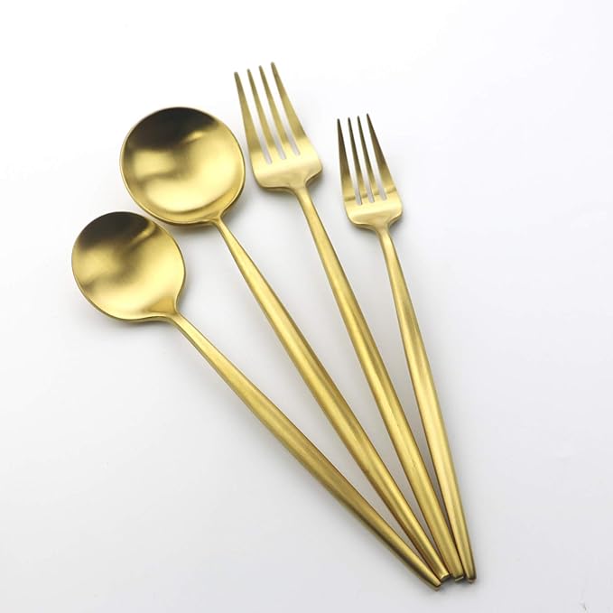 5 Pieces Matte Gold Handle 18/10 Stainless Steel Silverware Set, Flatware Set Titanium Cutlery Set, Utensils Set for Home Restaurant, Dishwasher Safe (Full Gold)