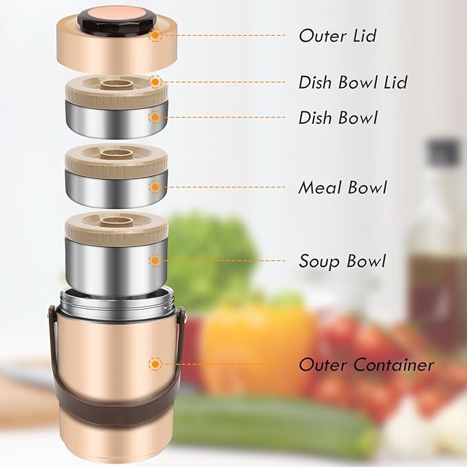 3-Layer Insulated Lunch Box for Men, Soup Thermos, Adult Leakproof Insulated Hot Food Jar Container, Stainless Steel Thermal Bento Box Lunch Bag Cutlery for Office Construction Worker Trucker Picnic