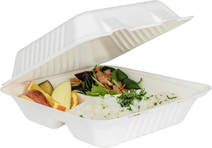 KARAT EARTH Clamshell Take Out Food Containers [8"x8", 200 ct ] 3 Compartments | Compostable To Go Containers, Natural Biodegradable Bagasse | White