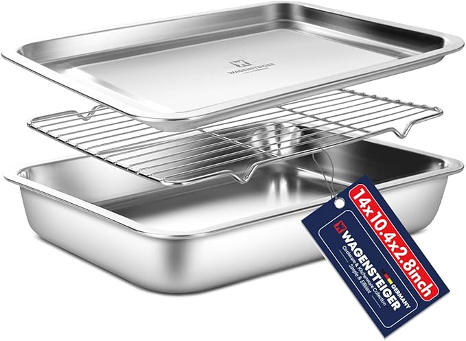 Stainless Steel Food Prep Container with Rack & Lid (Tray), 4.54Quarts, Catering Pans, Restaurant Pans, Buffet Party pan, Roasting Pan with Rack, Bakeware Roaster, Casserole (1307 / No7)