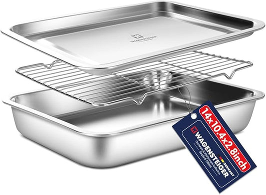 Stainless Steel Food Prep Container with Rack & Lid (Tray), 4.54Quarts, Catering Pans, Restaurant Pans, Buffet Party pan, Roasting Pan with Rack, Bakeware Roaster, Casserole (1307 / No7)