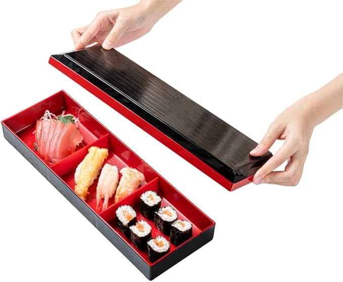 Restaurantware-14 x 4.6 x 2.4 Inch Compartment Lunch Container, 1 Japanese Style Adult Lunch Container - With 3 Compartments, Greaseproof, Black & Red Plastic Divided Lunch Box, For Hot & Cold Food