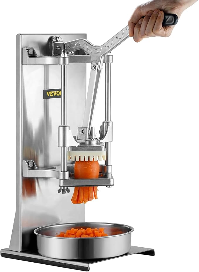 VEVOR Commercial French Fry Cutter with 4 Replacement Blades, 1/4 and 3/8 Blade Easy Dicer Chopper, 6-wedge Slicer and 6-wedge Apple Corer, Lemon Potato Cutter for French Fries with Extended Handle
