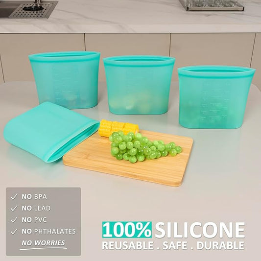 Large Reusable Storage Bag, 1 Pack 100% Silicone Food Storage Bags Stand Up Silicone Zip Lock Bags for Food Container, Freezer Microwave Oven Dishwasher Safe, Aqua, 50.7oz/ 1500ml