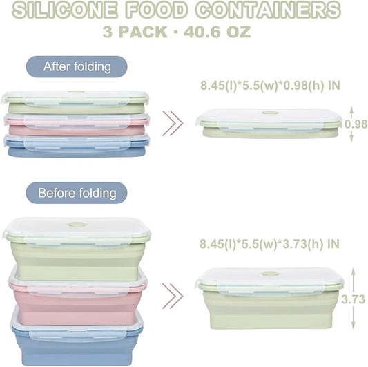 KIGI 【3 PACK】 40OZ Collapsible Bento Box Food Storage Containers with Lids Airtight Meal Prep Containers,Microwave Safe (40.6oz*3 mixed color)