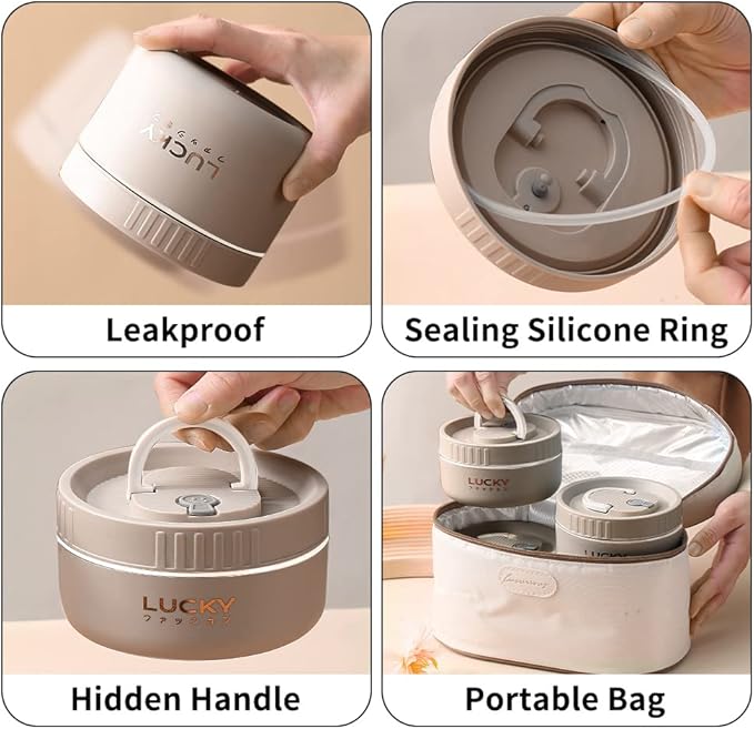 VANDHOME Bento Box Adult Lunch Box Set, Portable Keep Warm Lunch Container With Insulated Bag, 18/8 Stainless Steel Thermal Food Container, Induction Cooker & Microwave Safe (Khaki 4Pcs 68oz)