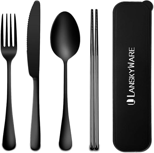 Travel Utensils, 18/8 Stainless Steel 4pcs Cutlery Set Portable Camp Reusable Flatware Silverware, Include Fork Spoon Chopsticks with Case (black)