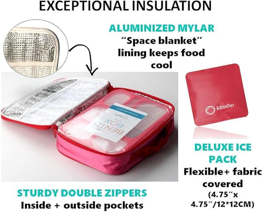 Bento Box with Lunch Bag and Ice Pack Set | Snack Containers Boxes for Kids Girls Adults | 6 Compartments Leakproof Portion Container Boxes Insulated Bags for School Lunches, BPA Free, Pink