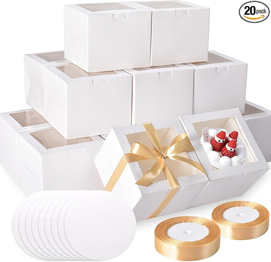 KPOSIYA 40pcs 6x6x5 inch Mini Cake Boxes with Cake Boards (20 Boxes & 20 Boards), 6 inch Small Cake Boxes with Lids，Cajas de mini pastel Bakery Boxes with Window for Christmas Thanksgiving