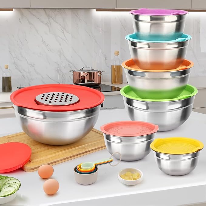 Mixing Bowls With Lids Set,Stainless Steel Mixing Bowls Set With 3 Grater,Metal Nesting Bowls For Kitchen Baking Refrigerator Meal Prep Food Organizer,7 Size(Multicolor)