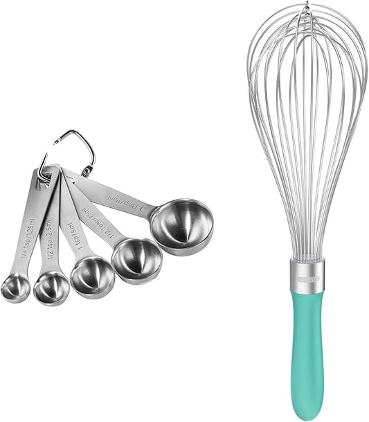 18/8 Stainless Steel Measuring Spoons Set for Dry and Liquid Ingredients (Set of 5), and 18/10 Stainless Steel Balloon Whisk for Kitchen Cooking with 12 Flex Wires (Aqua Sky)