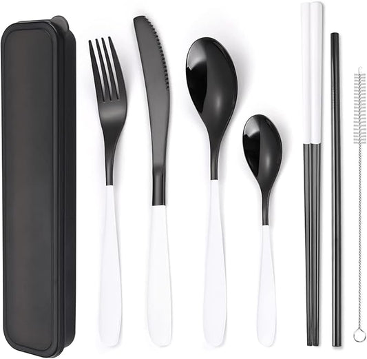 AARAINBOW 7 Pieces 18/8 Stainless Steel Flatware Set Portable Reusable Cutlery Set Travel Utensils Set Including Chopsticks Knife Fork Spoon Straws Cleaning Brush Dishwasher Safe (Y-Black white)