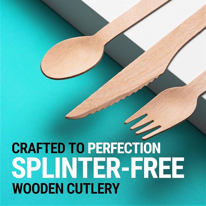 Disposable Wooden Cutlery Set - 300 pcs (150 Forks 100 Spoons 50 Knives) Compostable Utensils Set with Plastic-Free Packaging. Splinter-Free Compostable Cutlery Set for Parties & More