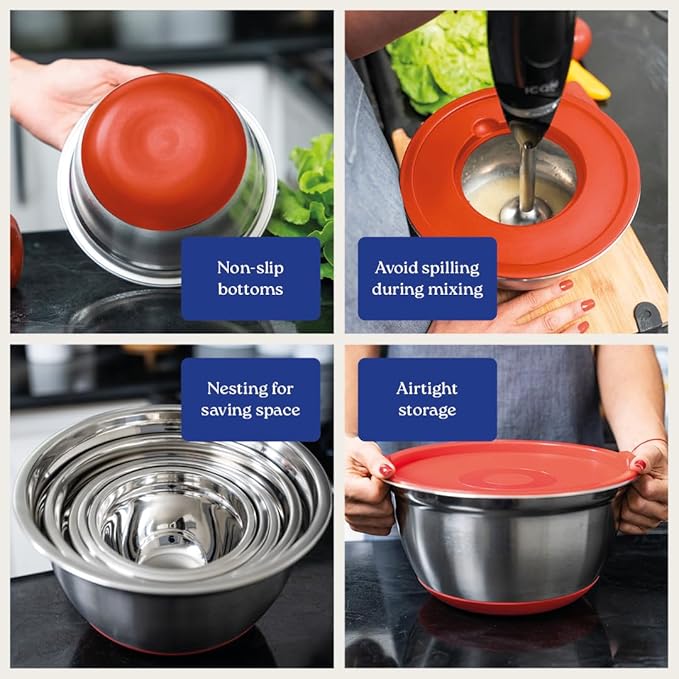 WHYSKO® Stainless Steel Mixing Bowls With Lids Plus Stainless Steel Whisk, Potato Masher and Grater Lids, 5 Nesting Mixing Bowls And Kitchen Tools for Meal Prep, Cooking, Baking, Serving, Food Storage