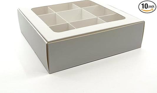 Treat boxes with window and dividers | 9 SMALL compartments | 6.5 x 6.5x 1.9 in | Chocolate covered strawberries supplies, macaron boxes, baked goods packaging | 10-pack (White)
