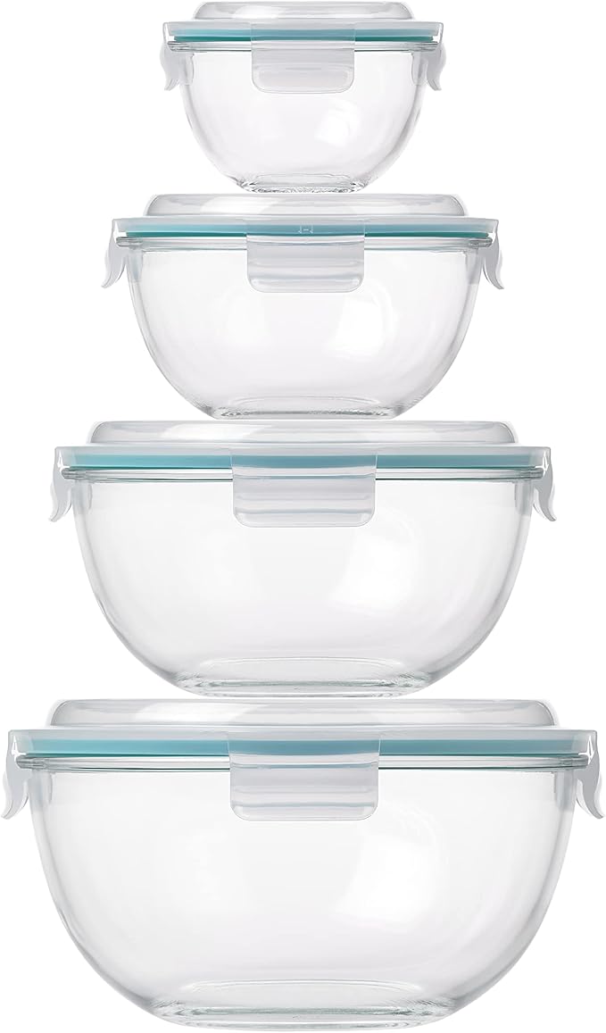Glasslock Mixing Bowl with Latching Lids 8-Pieces Set – Airtight, Leakproof, BPA Free Lids, Nesting, Meal Prep, Baking, Salad, Food Storage & Serving Bowl, Microwave, Fridge & Freezer, Dishwasher Safe