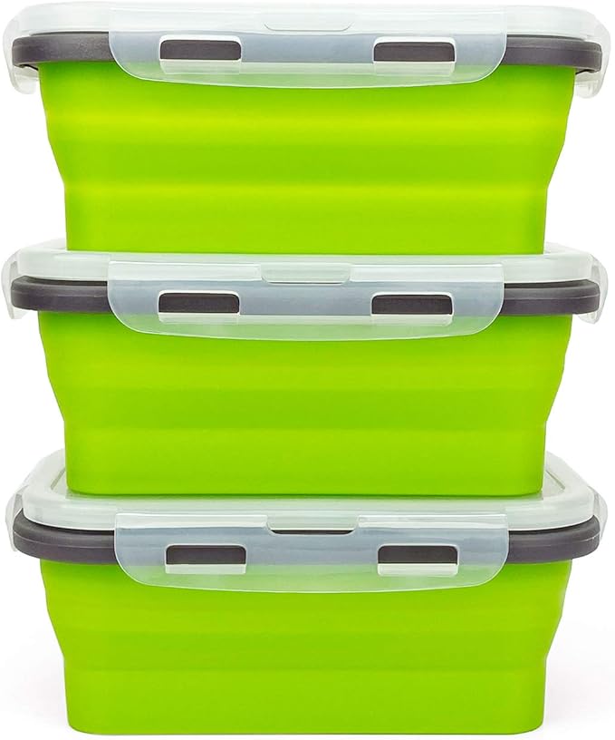 CARTINTS Set of 3 Collapsible Food Storage Containers with Lids, Collapsible Silicone Bowls, Silicone Lunch Containers, For Meal Prep, Camping, Travel, Microwave and Freezer Safe,500ml,Green